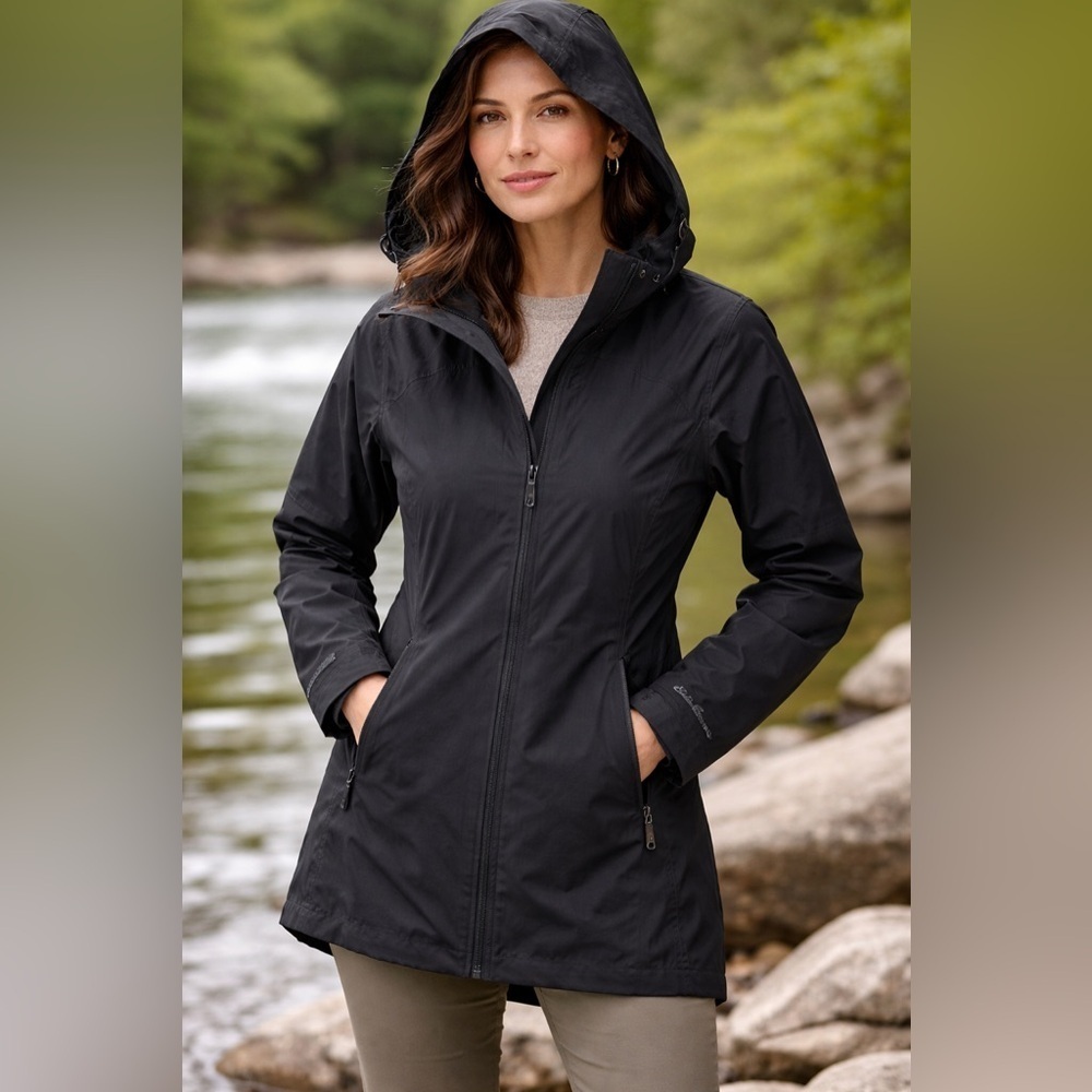 Eddie Bauer WeatherEdge Stretch Hooded Jacket XS Black Lightweight Rain Coat